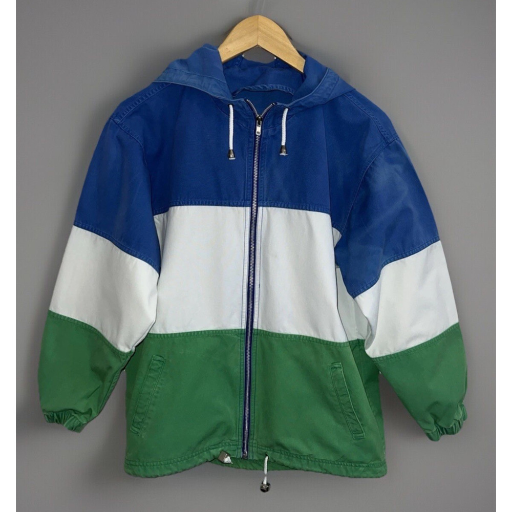 VTG Nautical Hooded Windbreaker Jacket Blue Green White Canvas Small 1980s Retro - Picture 2 of 9